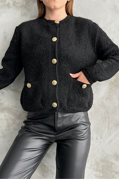 macharel jeans Black Curly Knitted Buttoned Sweater Cardigan with Pockets