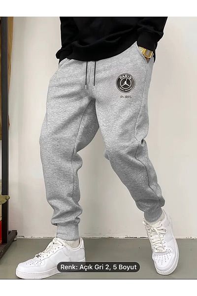 NEW TRENDY COLLECTİON Βαμβακερό χτενισμένο βαμβακερό παντελόνι με στάμπα Paris - 2 κλωστές, άνετο casual μαύρο γκρι