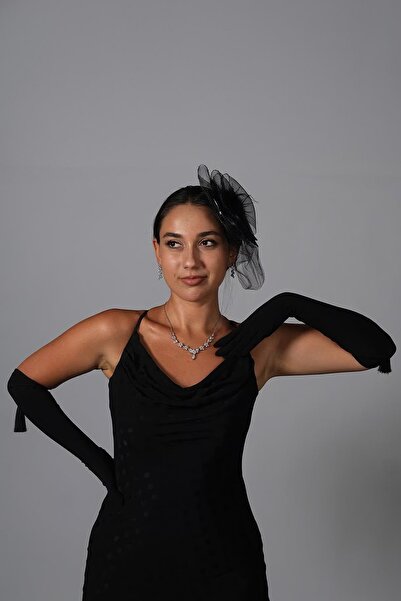 Hobigram Siyah Likralı Sendi Kumaş Gelin Eldiveni Ve Siyah Düz Vualet Nikah Ş...