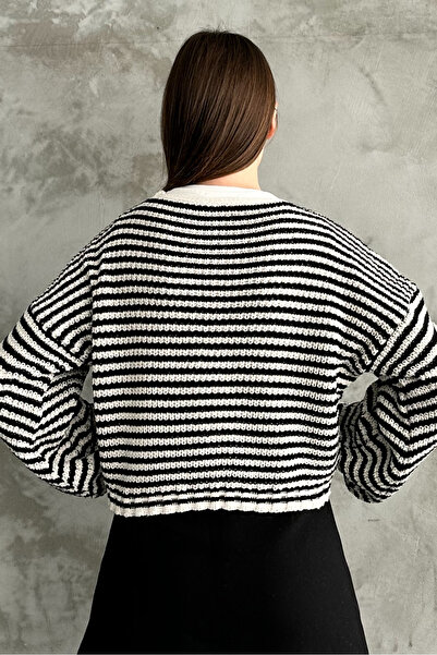 macharelbasic Γυναικείο ριγέ μεταλλικό μανίκι με μπαλόνι με κουμπιά εποχιακή ζακέτα Μαύρο