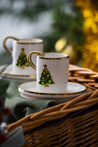 ACAR Rennes Christmas Pine Tree Coffee Cup Set for 2 People - 90 ml