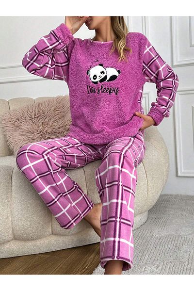 VG BOND MODA Panda Patterned Plaid Women's Fleece Pajamas Set Vg007