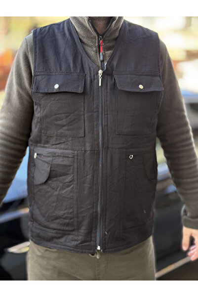 DostumGiyim Vestă de iarnă din pâslă cu buzunare multiple pentru bărbați Vestă termică pentru tată cu lână în interior