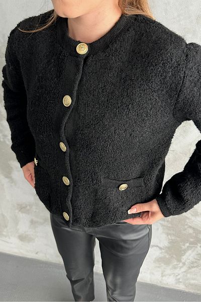 macharel jeans Black Curly Knitted Buttoned Sweater Cardigan with Pockets