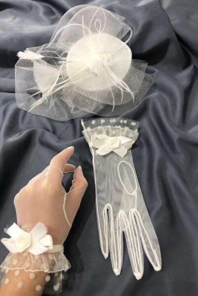 Hobigram Beyaz Düz Tüllü Gelin Kepi Ve Beyaz Puantiye Fiyonk Detaylı Eldiven ...