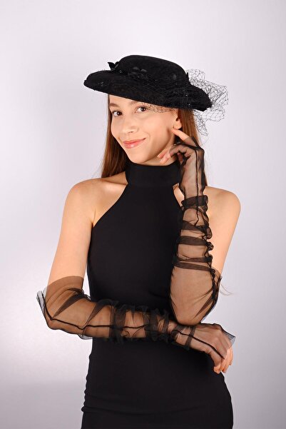 Hobigram Siyah Vualet Nikah Şapkası Layel Gelin Aksesuarı Ve Eldiven Takımı –...