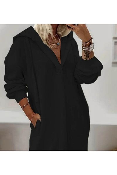 buHillco Γυναικείο μακρυμάνικο φόρεμα Mottisfashion με κουκούλα με ανοιχτό γιακά