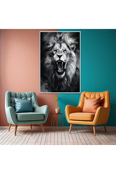 GAAGART Masă din sticlă temperată cu cadru metalic Roaring Lion Negru Alb