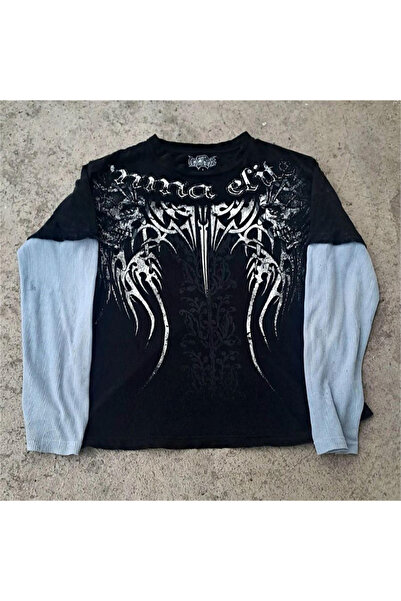 Karakedi Black Gothic Punk Mma Elite White Sleeve Cyber Grunge Thin Sweatshirt