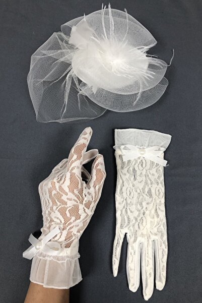 Hobigram Beyaz Nikah Şapkası Ve Beyaz Dantelli Fiyonklu Gelin Eldiven Takımı ...