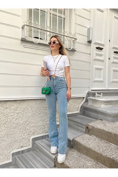 BROSERER Mona Spaniolă Talie înaltă Fără decolorare Albastru zăpadă Spălat Blugi Pantaloni Recuperator Flara Jean