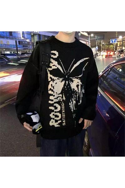 Karakedi Anime Harajuku Butterfly Black Oversize Sweater