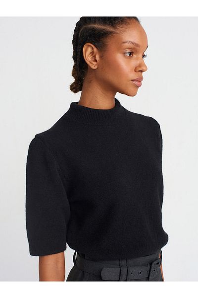 Dilvin 10658 Stand Collar Short Sleeve Knitwear Sweater-Black