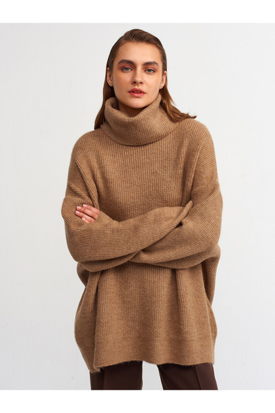 Dilvin 2268 Turtleneck Wide Pulover-caramel