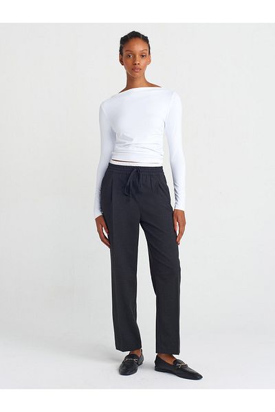 Dilvin 71582 Double Waistband Wide Leg Trousers-Anthracite