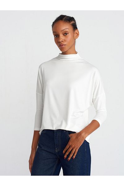 Dilvin 31468 Stand Collar Viscose Top-Ecru