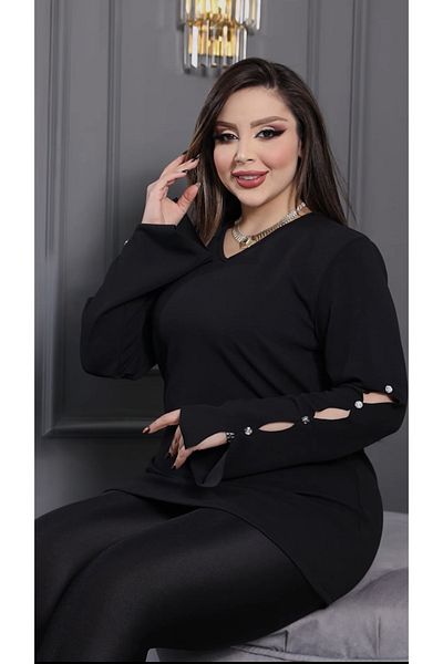 HÜLYA BUTİK Γυναικεία μαύρη μπλούζα με λαιμόκοψη σε μεγάλο μέγεθος με πέτρες