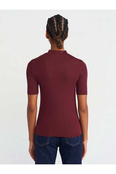 Dilvin 30481 High Collar T-Shirt-Burgundy
