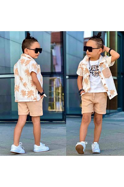 RAPAPA Boy's Muslin Palm 3 Pieces Top and Bottom Shorts Set 11611