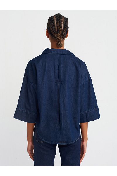 Dilvin 50747 Open Collar Half Sleeve Denim Shirt-Navy