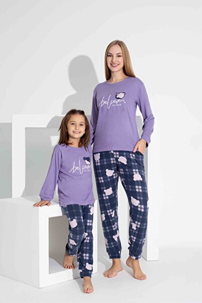 Tarık Kadın Lila Ekose Desenli Anne Kız Kombin Termal Kumaş Kışlık Sıcak Tutan Pijama Takımı