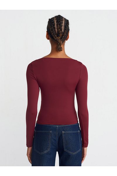 Dilvin 31415 Long Sleeve Asymmetrical T-Shirt-Burgundy