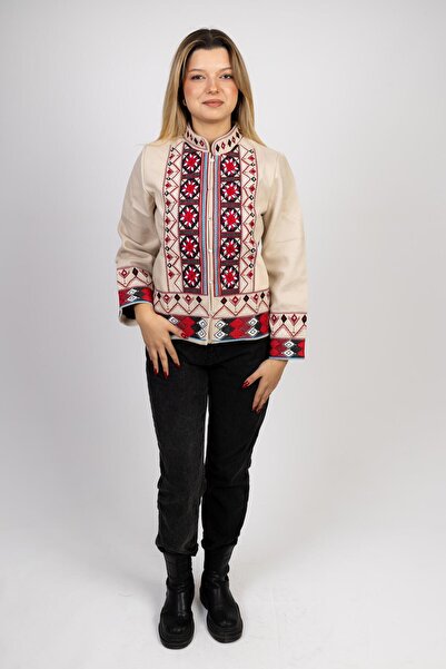 Miss Boheme Krem Rengi Etnik Desen İşlemeli Kaşe Ceket