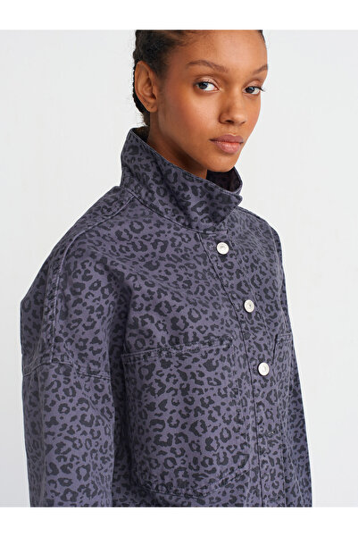 Dilvin 50748 Oversize Leopar Denim Gömlek-Gri