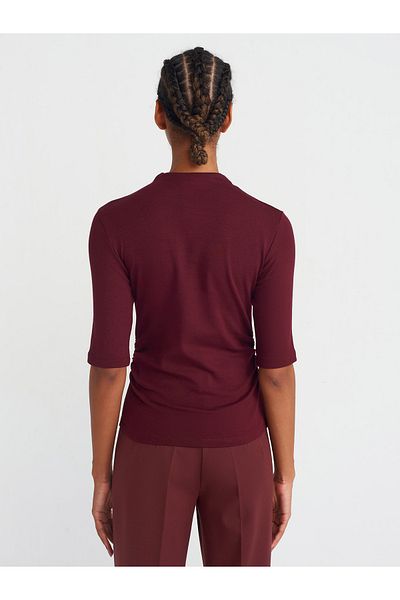 Dilvin 31470 Stand Collar Drawstring T-Shirt-Claret Red