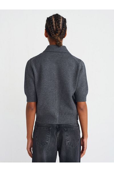 Dilvin 60285 Polo Neck Smoked Knitwear Cardigan with Buttons and Pockets