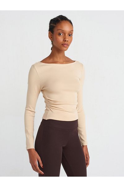 Dilvin 31401 Μπεζ Boat Neck Ball-Light Gathered