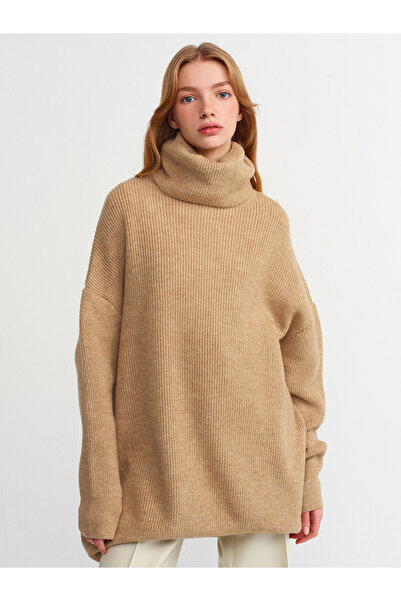 Dilvin 2268 Pulover lat cu gât rotic-camel