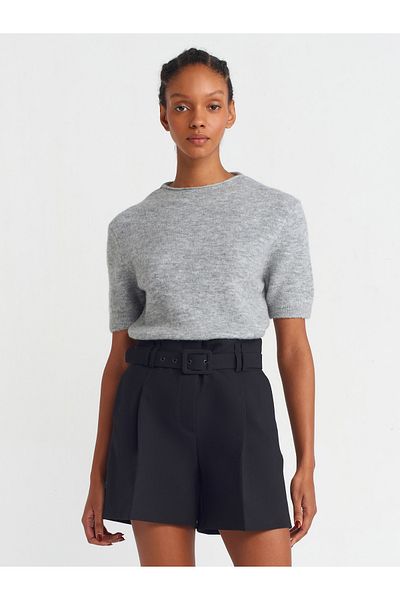 Dilvin 10675 Stand Collar Knitwear Sweater-Gray