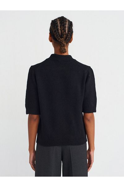 Dilvin 10658 Stand Collar Short Sleeve Knitwear Sweater-Black