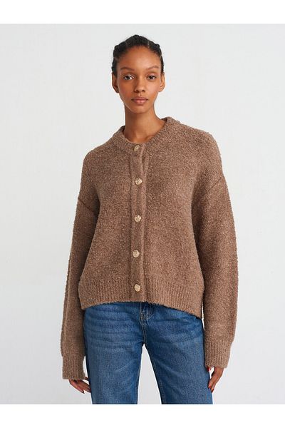 Dilvin 60276 V-Neck Buttoned Boucle Knitwear Cardigan-Mink