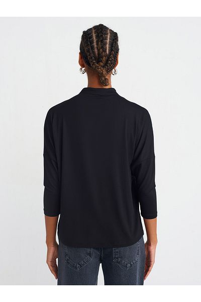 Dilvin 31468 Stand Collar Viscose Top-Black