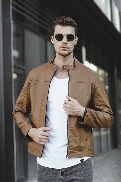 Oksit Ανδρικό δερμάτινο μπουφάν Tuci Demian Short Collar Fleece Inside Slim Fit