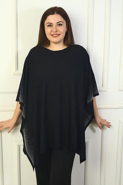 By Saygı Women's Plus Size Poncho with Stone Embroidered Sides