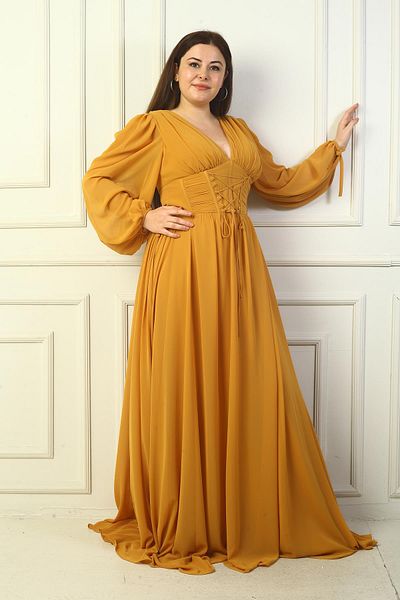 By Saygı Front Lace Underwire Lined Long Chiffon Dress