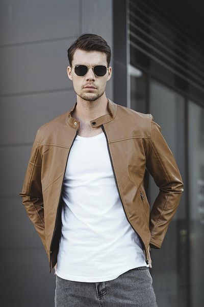 Oksit Ανδρικό δερμάτινο μπουφάν Tuci Demian Short Collar Fleece Inside Slim Fit