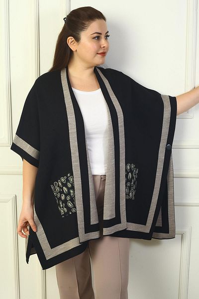 By Saygı Women's Side Button Detailed Stripe Pockets Leopard Print Plus Size Poncho