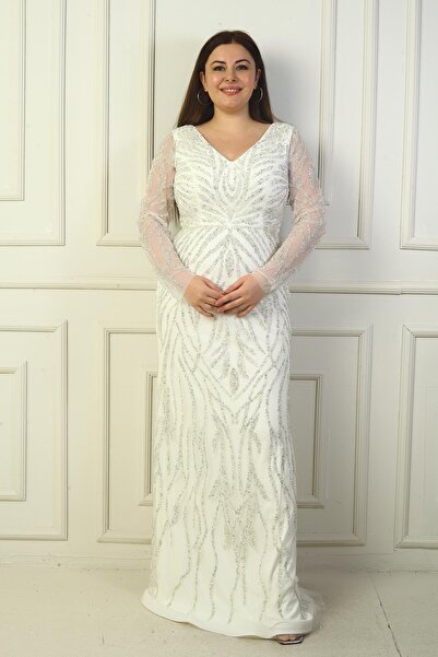 By Saygı Front Back V Neck Sleeves Tulle Lined Rhinestone Long Plus Size Dress