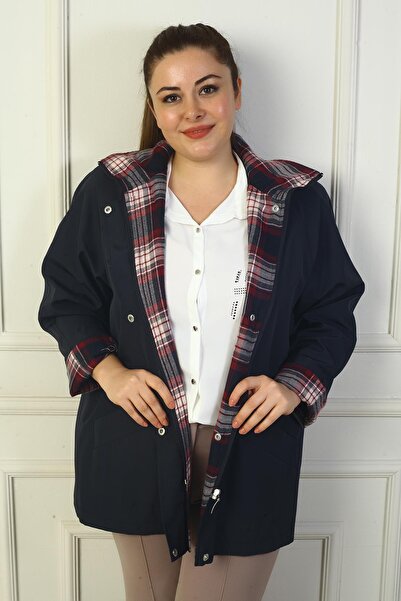 By Saygı Women's Front Snap Zippered Hooded Large Size Trench Coat Coat