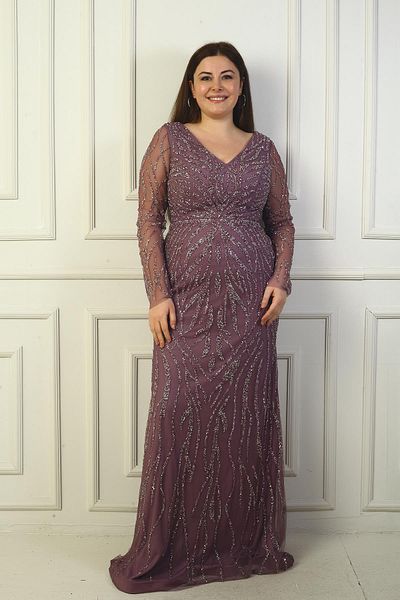 By Saygı Front Back V Neck Sleeves Tulle Lined Rhinestone Long Plus Size Dress