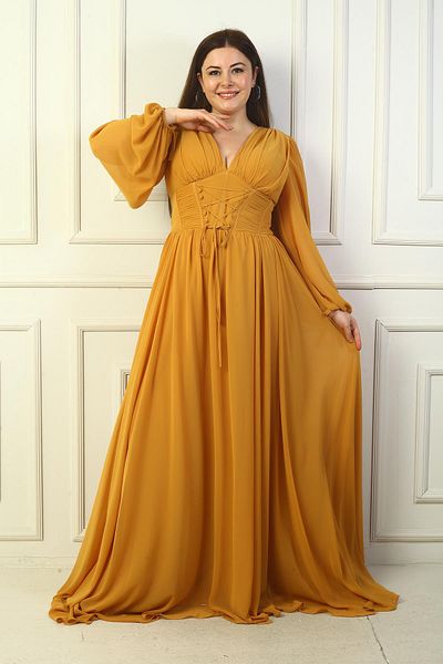By Saygı Front Lace Underwire Lined Long Chiffon Dress