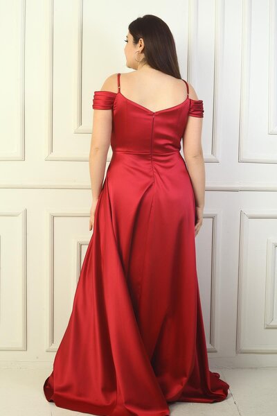 By Saygı Women's Front Back V Neck Rope Strap Low Sleeve Stone Embroidered Lining Plus Size Long Satin Evening Dress