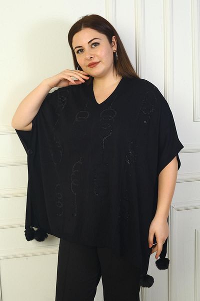 By Saygı Women's V-Neck Side Button Detail Front Round Pattern Stone Embroidered Pompom Plus Size Poncho