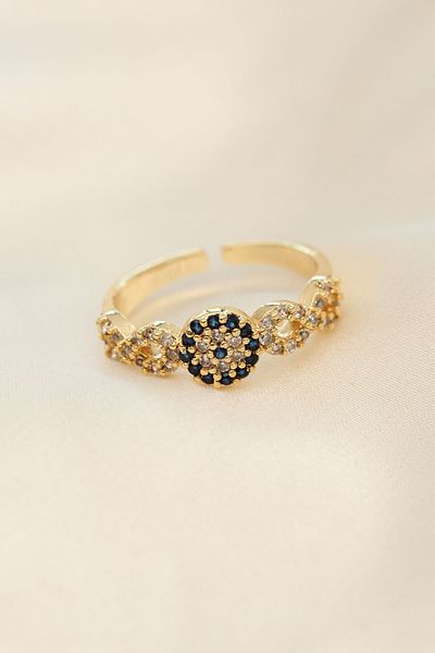 Skygo Adjustable Gold Color Evil Eye Bead Detail Zircon Stone Ring