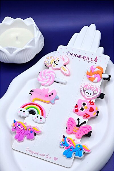 Cinderella 10'lu Bulut Gökkuşağı Unicorn Tavşan Kelebek Kız Çocuk Pens Toka S...
