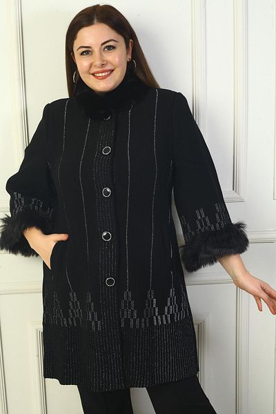 By Saygı Women's Portable Fur Collar Buttoned Front Pocket Silvery Pyramid Print Large Size Cardigan